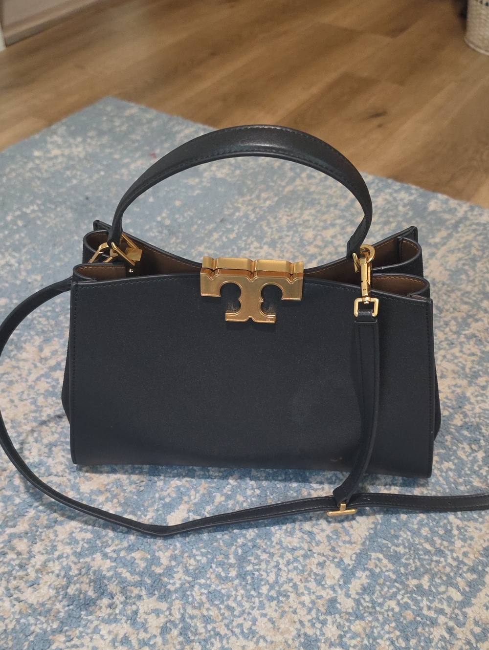 Tory Burch Black Leather Top-Handle Satchel with Gold Hardware Accent
